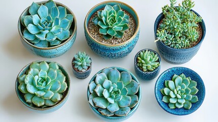 Blue Ceramic Succulent Collection on White Background