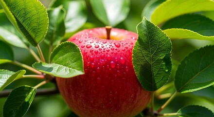 Close-up of a vibrant red apple glistening with water droplets amidst green leaves on a tree