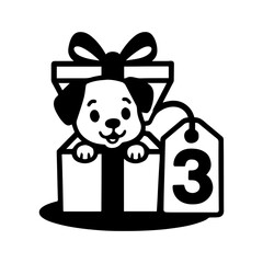 Puppy in box with number 3 gift tag – birthday party cute animal celebration
