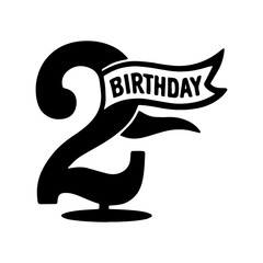 Second birthday banner ribbon festive party celebration decoration black and white icon
