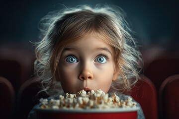 Naklejka premium Wide-eyed child enjoying popcorn in a dark movie theater, experiencing wonder and excitement during a cinema screening, captivating childhood moment, immersive cinematic experience