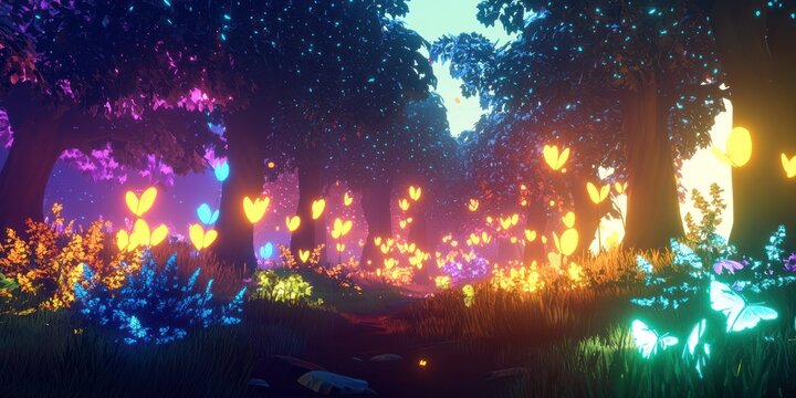 Real-time 3D render of a fantasy forest scene with interactive glowing elements and simple shaders