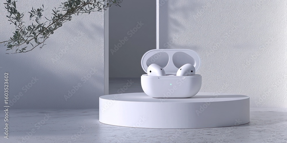 Poster studio-style 3d render of wireless earbuds on a floating white platform