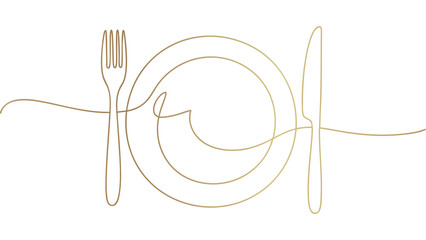Golden Plate and Cutlery Outline on Transparent Background Showcasing Dining and Cuisine