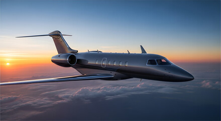 Luxury private jet flying above the clouds during a golden hour sunset