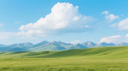 Vast Green Landscape with Rolling Hills and Distant Mountains Under a Blue Sky