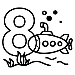 Submarine diving around number 8 underwater – eighth birthday ocean adventure icon
