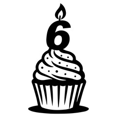 Cupcake with candle shaped like number 6 – 6th birthday celebration icon
