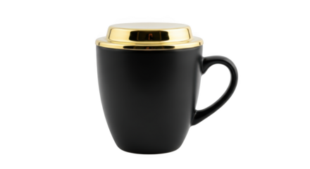 Elegant black ceramic mug with gold lid isolated on transparent background
