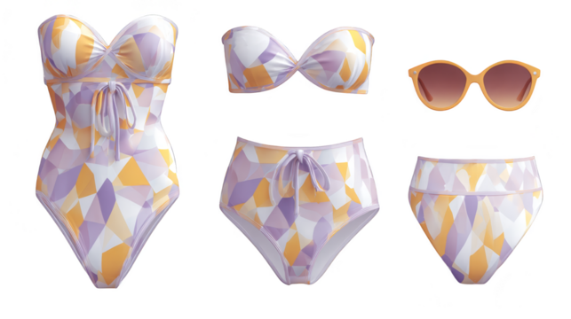 Stylish swimsuits, sunglasses, and bow, beach essentials for summer stylish.