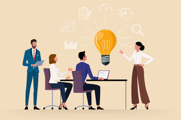 Group of people in business suits discussing idea, strategy, startup, plan. Vector concept of brainstorming or presentation in flat style.
