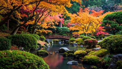 Autumnal Japanese garden with a tranquil pond