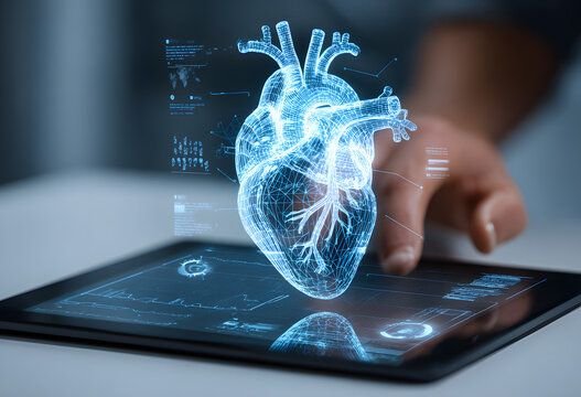 Medical technology concept with a digital heart hologram displayed on a tablet screen