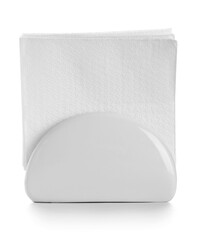 Holder with paper napkins on white background