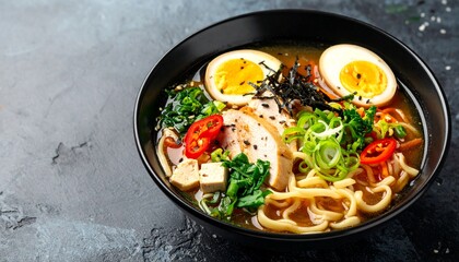 ramen soup, ramen with chicken, tofu, vegetables and egg in black bowl. slate background. 