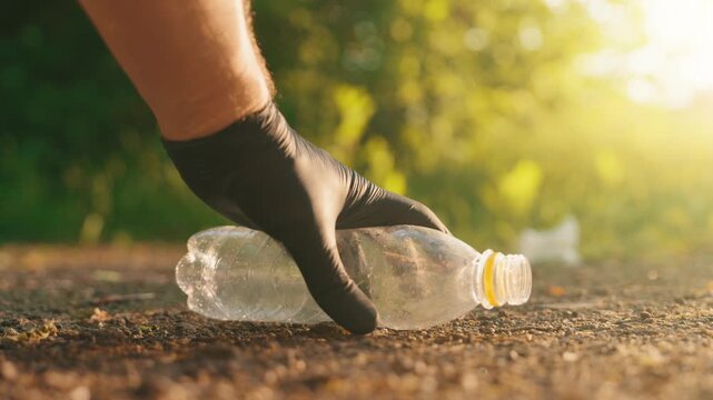 Hand in black latex glove picking up empty plastic bottle from asphalt path slow motion summer sunset