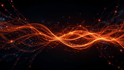 Dynamic orange energy flow with sparks and light trails on black background, data concept
