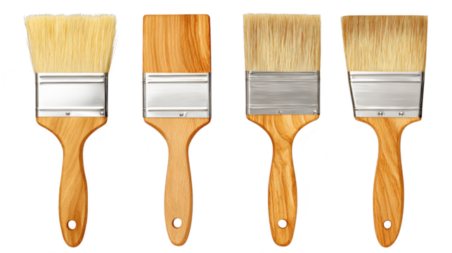 Four wooden handled brushes, essential tools for painting, cleaning, and home improvement.