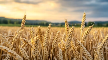Fototapeta premium Close up of golden wheat ears standing tall in a ripening field under a warm soft sky at sunset