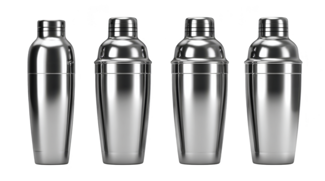 Gleaming stainless steel cocktail shakers, essential tools for the art of bartending.
