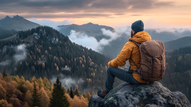 Male hiker sits on a rocky mountain peak admiring the vast autumn forest and misty mountain range at sunrise