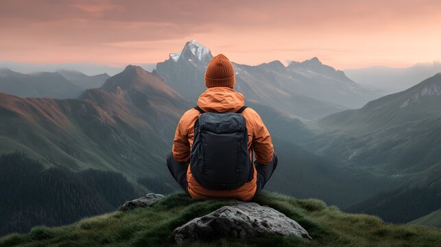 Backpacker in orange jacket and beanie sitting on a mountain peak observing a vast snowy mountain range during twilight