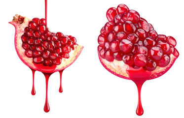 Sliced Pomegranate Sections with Dripping Red Juice on Transparent Background showcasing Fresh Vibrant Color and Detailed Texture