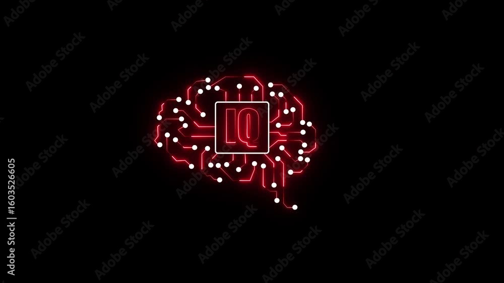 Poster abstract glowing red brain circuit board with white nodes and the letters iq in the center on a blac