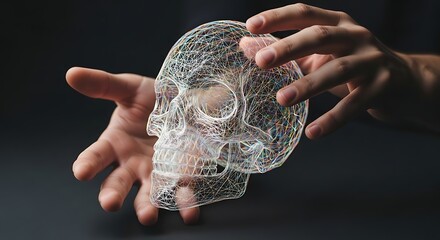 A person's hands carefully cradle a detailed wireframe skull, emphasizing intricate skeletal structure. 