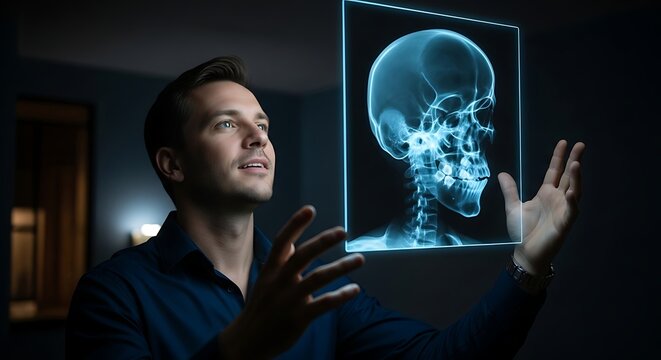 A medical expert examines a digital x-ray scan of a skull. - Powered by Adobe