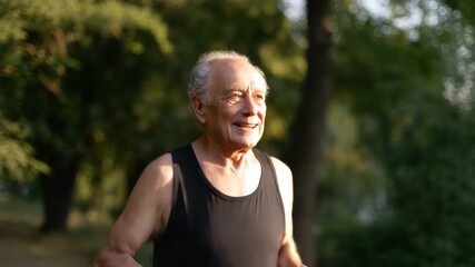 An elderly man joyfully running in a lush green park, symbolizing vitality, health, and the importance of maintaining an active lifestyle at any age for well-being.
