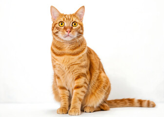Obraz premium Orange tabby cat sitting upright on a white background with a curious and alert expression on its face