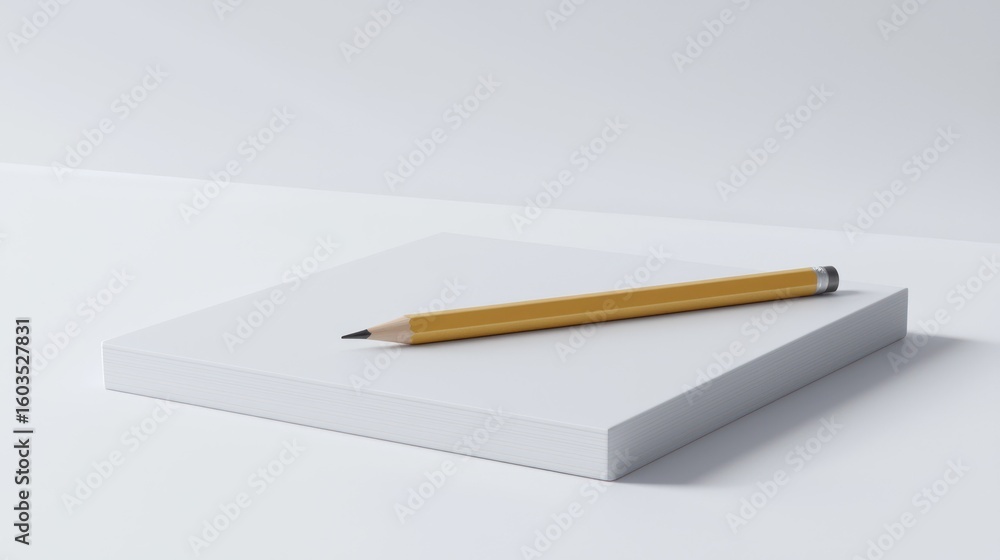 Poster 3d object of a pencil and notepad on white background