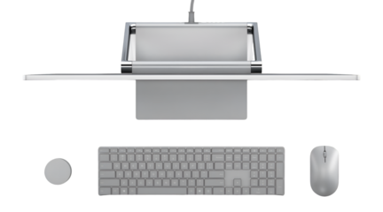 A modern computer setup featuring a keyboard, mouse, and a sleek monitor design.