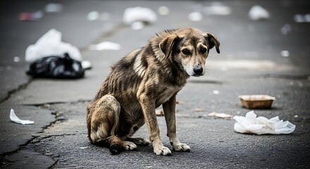 A poignant portrayal of a stray dog amidst the urban blight of littered streets