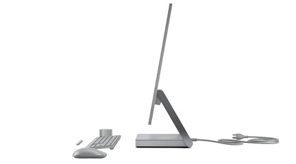 A sleek computer setup featuring a monitor, keyboard, and mouse.