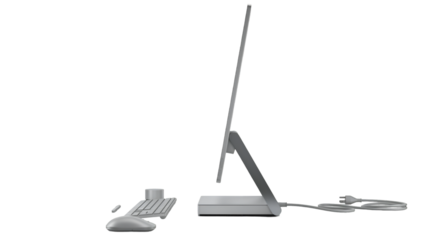 A sleek computer setup featuring a monitor, keyboard, and mouse.