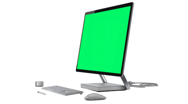 A computer setup with a blank green screen, keyboard, mouse, and a small device.