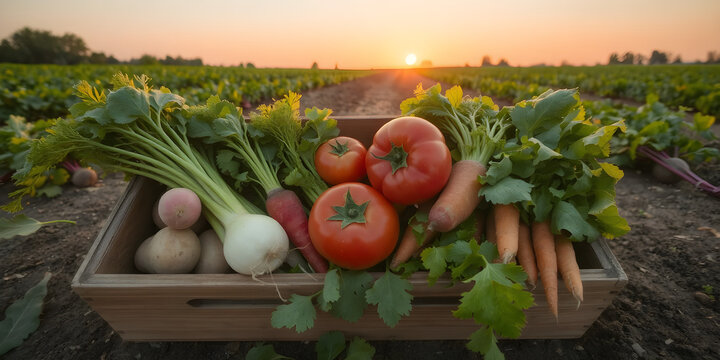 Fresh vegetables, potato, radish, tomato, carrot, beetroot in wooden box on ground on farm at sunset. Freshly bunch harvest. Healthy organic food, agriculture, top view