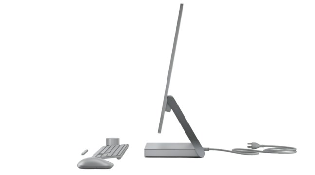 A sleek computer setup featuring a monitor, keyboard, and mouse.