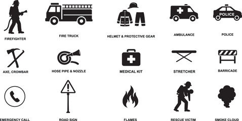 Firefighter Silhouette Icon Set – Emergency and Rescue Equipment