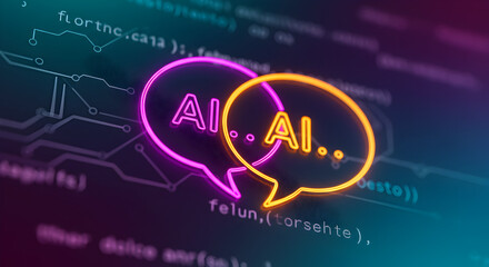 Abstract Glowing Speech Bubbles Over Circuitry on a Dark Purple and Blue Gradient