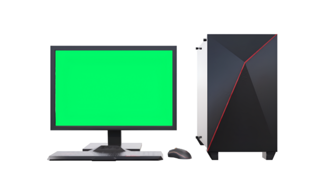 A computer setup featuring a monitor with a green screen and a sleek black tower.