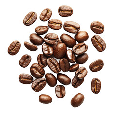 A close-up view of scattered roasted coffee beans on a white background, perfect for culinary use