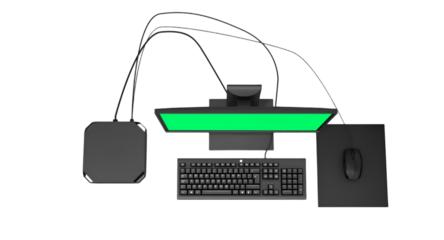 A top-down view of a computer setup featuring a monitor, keyboard, mouse, and CPU.