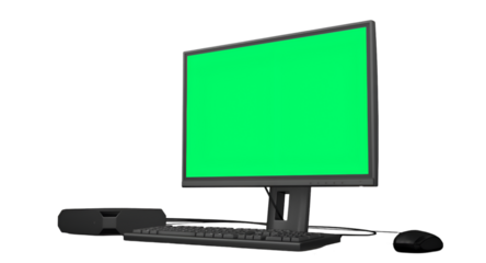 A computer monitor with a green screen, keyboard, and speaker, ideal for presentations or graphic design.