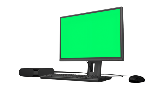A computer monitor with a green screen, keyboard, and speaker, ideal for presentations or graphic design.