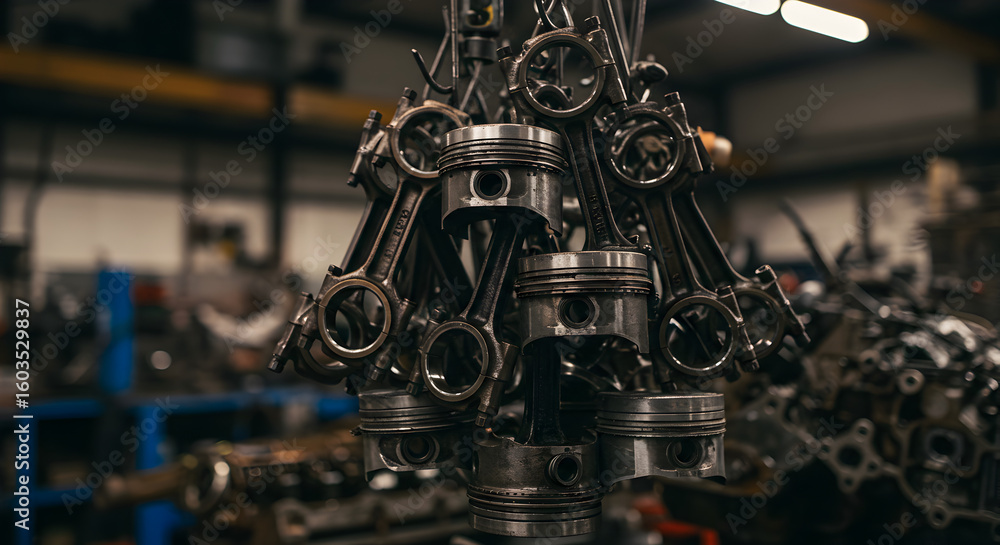 Poster close up of a group of used engine pistons in a dark and gritty mechanic workshop with a focus on me