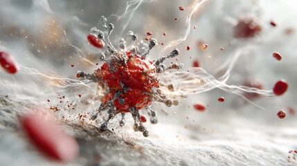 Technology Engineered Living Therapeutics Concept, Engineered living therapeutics technology illustrated by exploding red liquid creating droplets