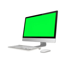 A modern computer with a green screen, suitable for presentations or graphic design.